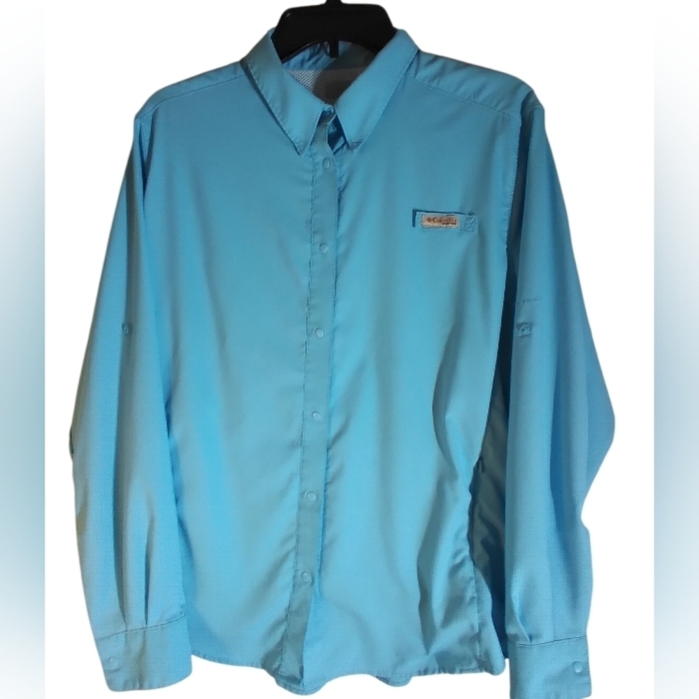 Columbia Blue Button-up Mens Fishing Shirt Size L Vented Snaps Outdoor Vacation